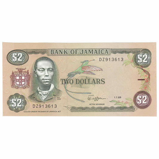 Jamaica 1989 2 Dollar Note, Pick #69c, UNC