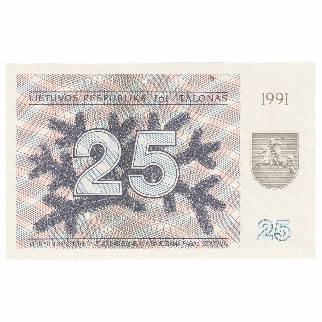 Lithuania 1991 25 Talona Note, Pick #36b, UNC