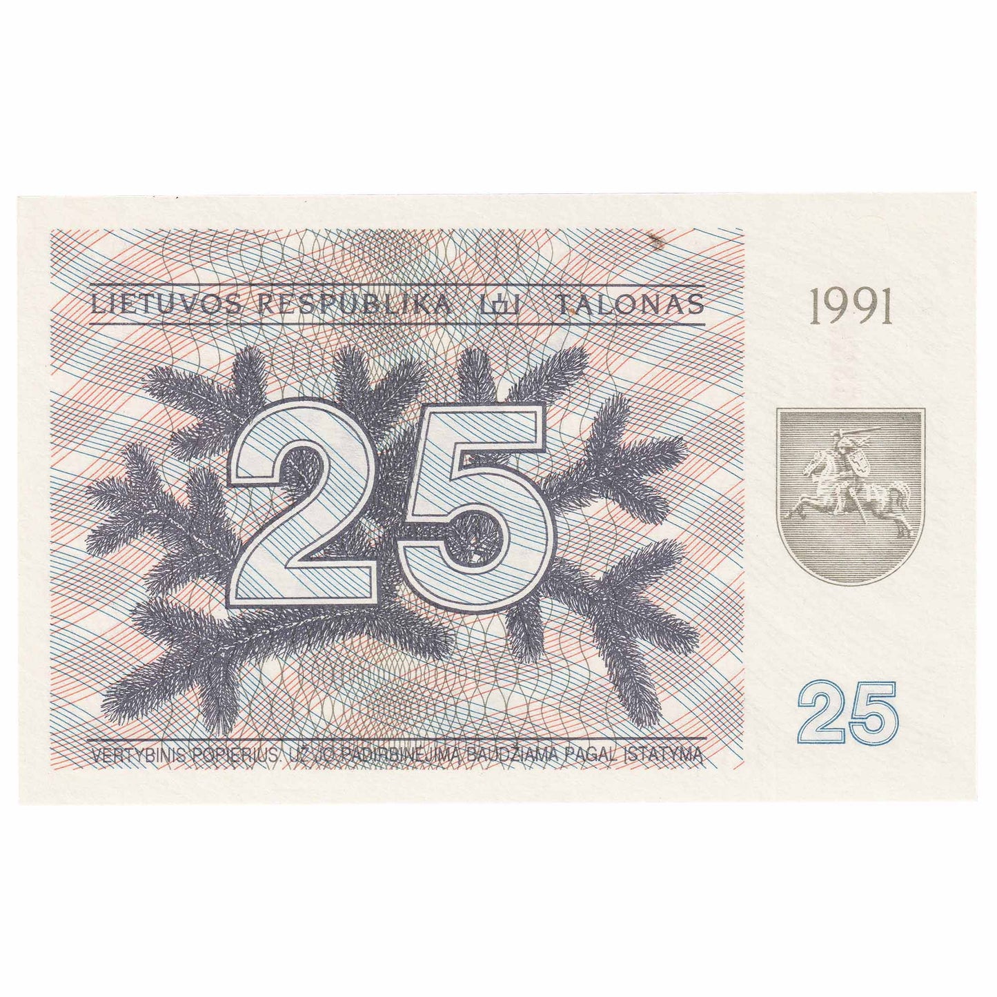 Lithuania 1991 25 Talona Note, Pick #36b, UNC
