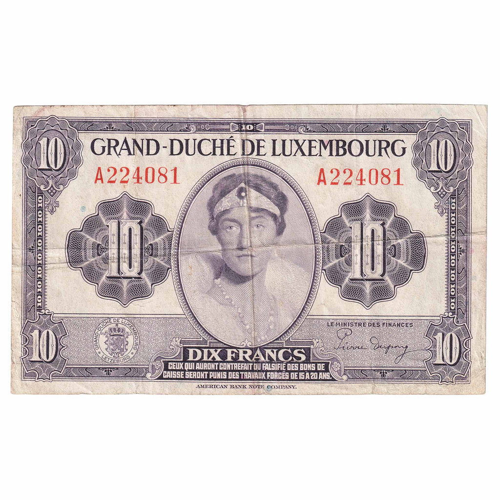 Luxembourg 1944 10 Franc Note, Pick #44a, VF-EF