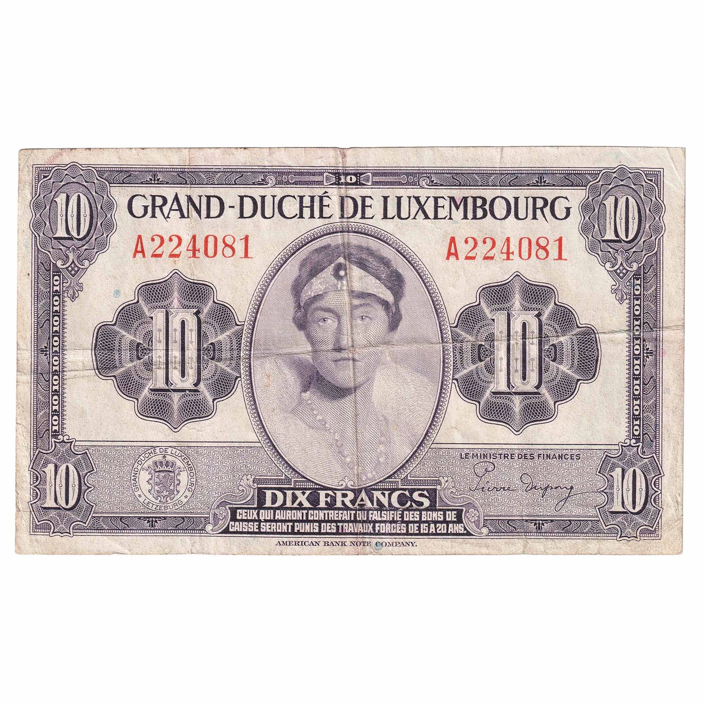 Luxembourg 1944 10 Franc Note, Pick #44a, VF-EF