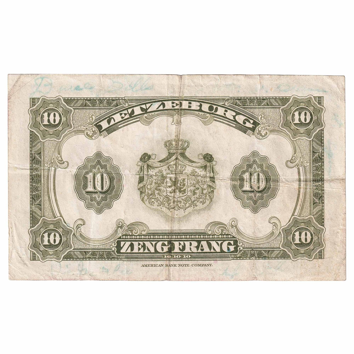 Luxembourg 1944 10 Franc Note, Pick #44a, VF-EF