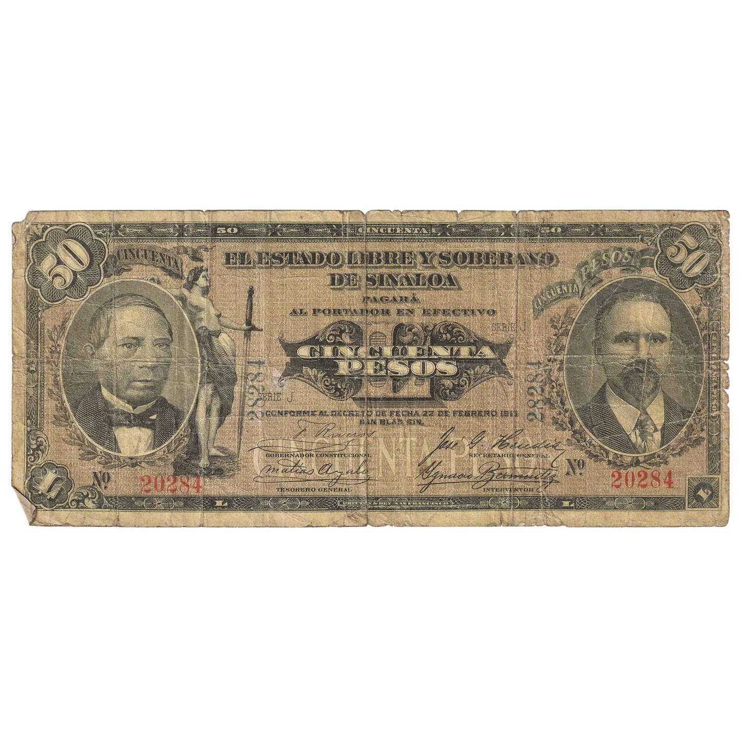Mexico Sinaloa 1915 50 Peso Note, Pick #1047a, VG-F
