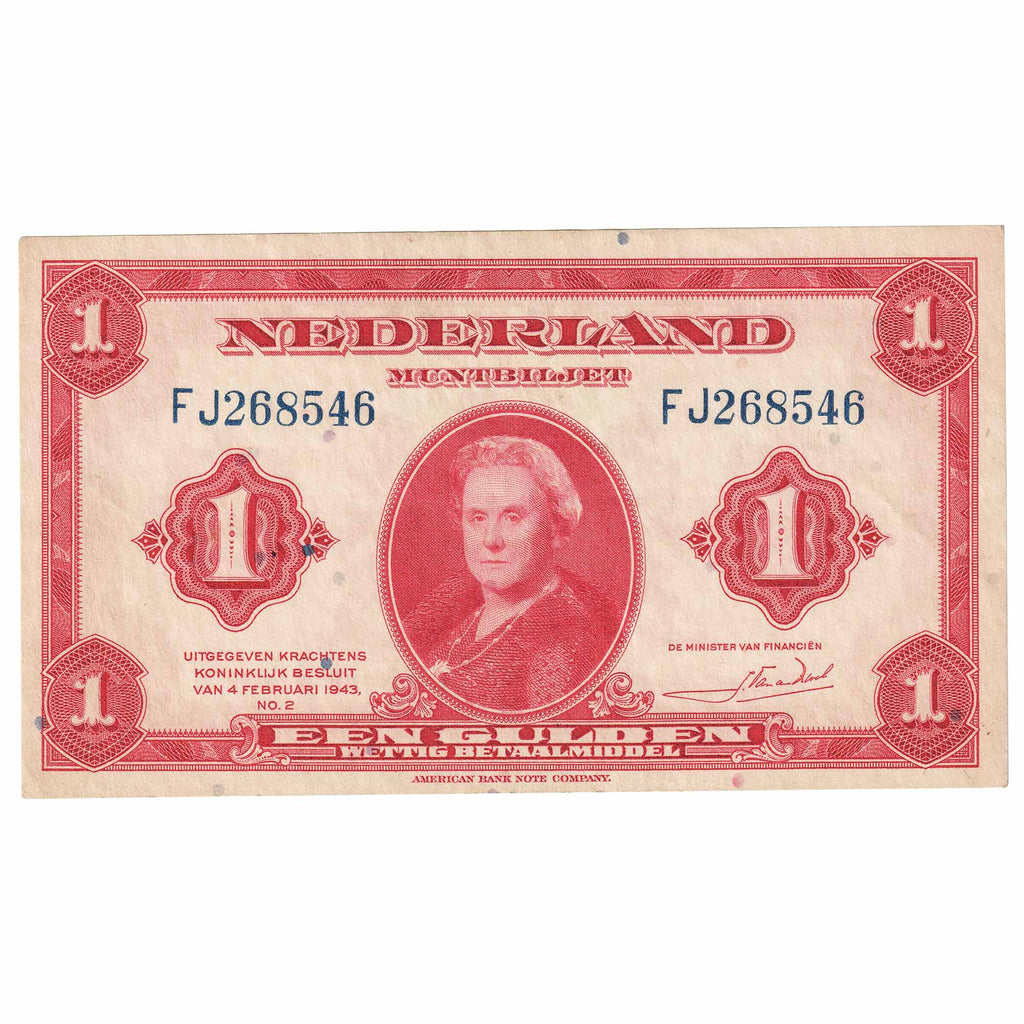 Netherlands 1943 1 Gulden Note, Pick #64a, AU