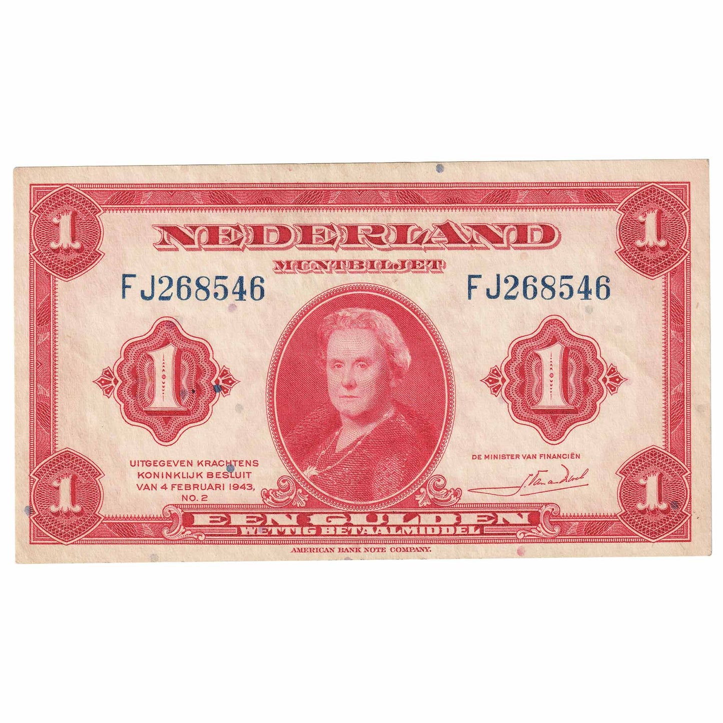 Netherlands 1943 1 Gulden Note, Pick #64a, AU