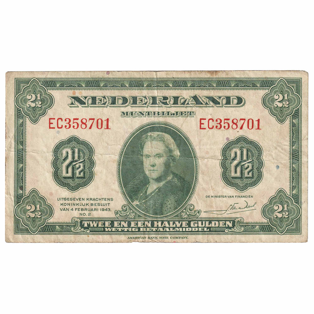 Netherlands 1943 2 1/2 Gulden Note, Pick #65a, VF