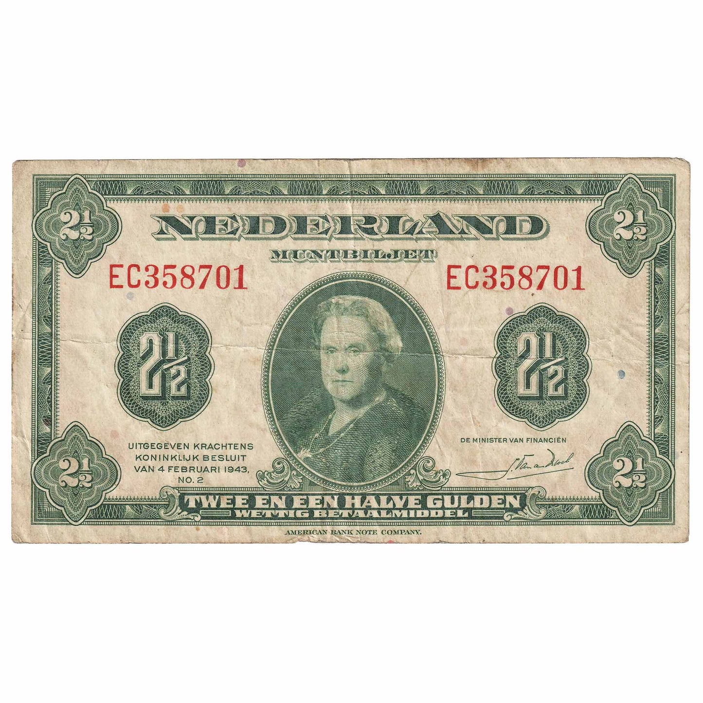 Netherlands 1943 2 1/2 Gulden Note, Pick #65a, VF