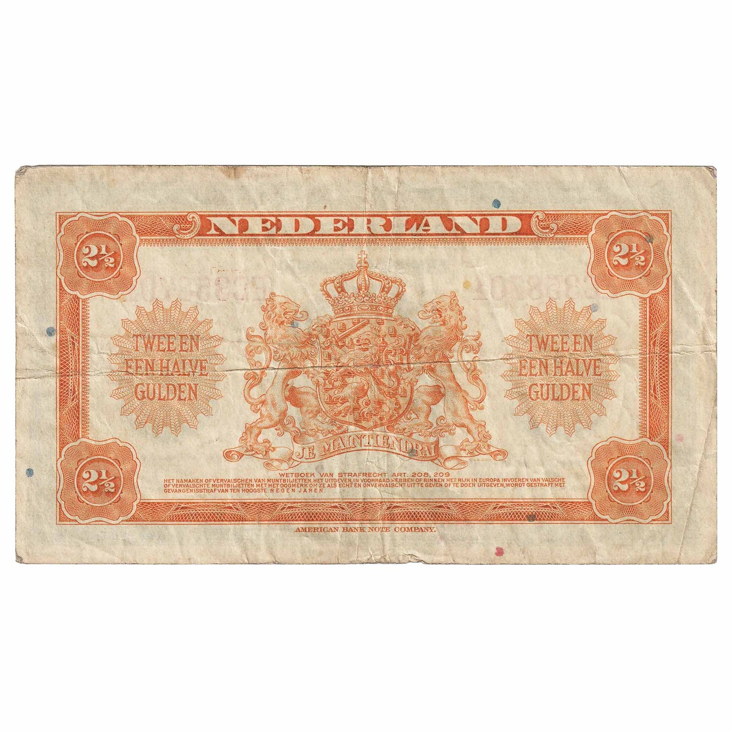 Netherlands 1943 2 1/2 Gulden Note, Pick #65a, VF