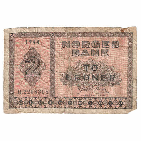 Norway 1944 2 Kroner Note, Pick #16, VG