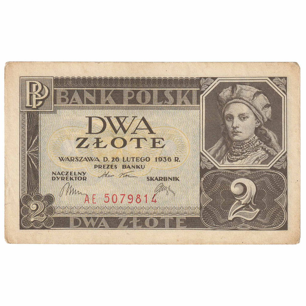 Poland 1936 2 Zlote Note, Pick #76, EF-AU