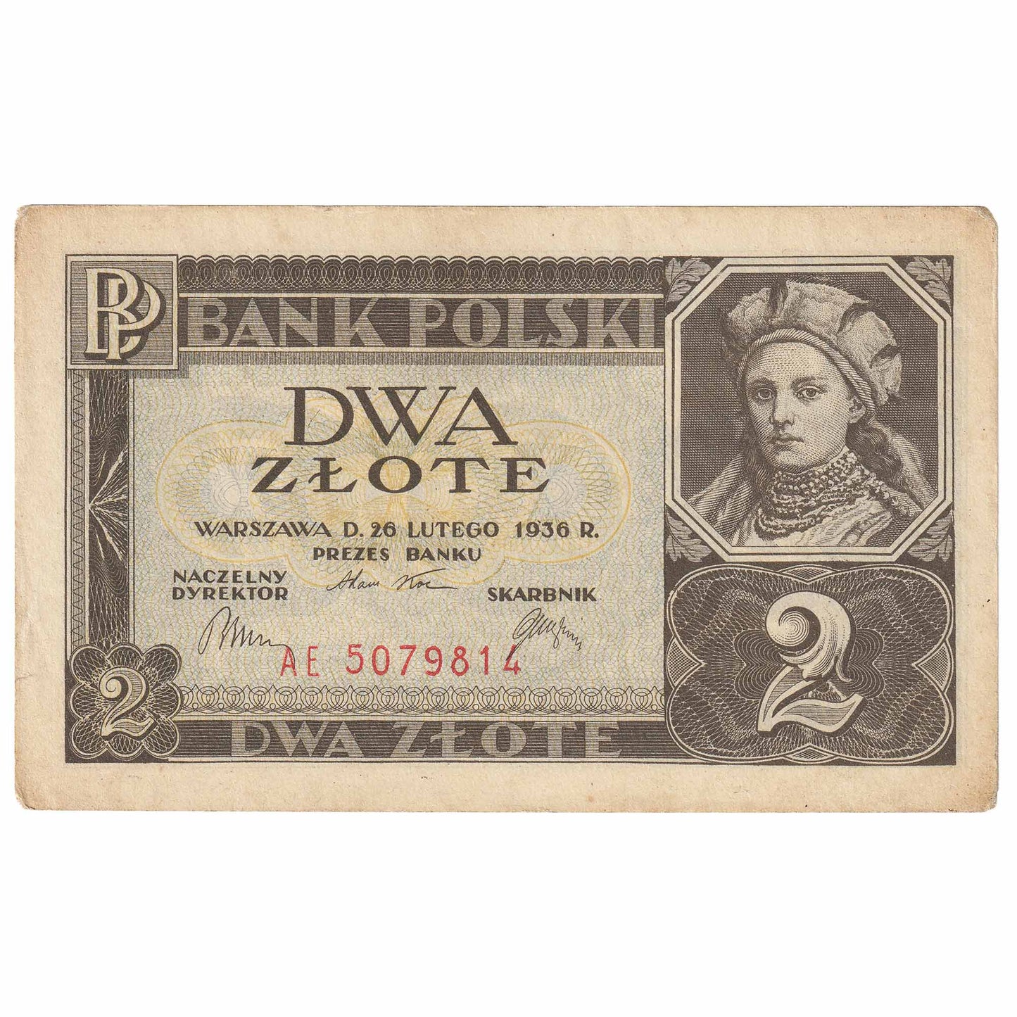 Poland 1936 2 Zlote Note, Pick #76, EF-AU