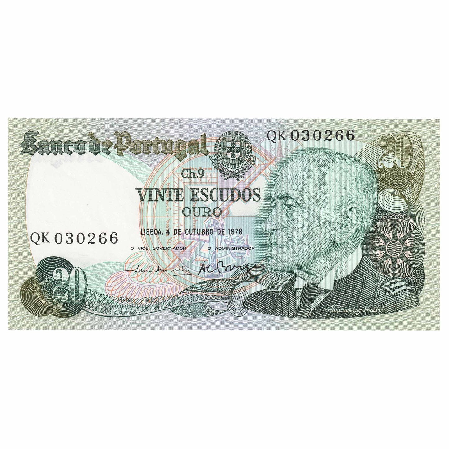 Portugal 1978 20 Escudos Note, Pick #176b, UNC