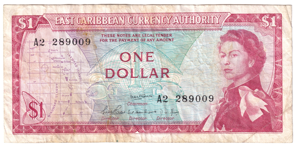 East Caribbean States 1965 1 Dollar Note, Pick #13d, Signature 1, VF (stain)