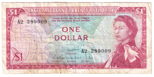 East Caribbean States 1965 1 Dollar Note, Pick #13d, Signature 1, VF (stain)
