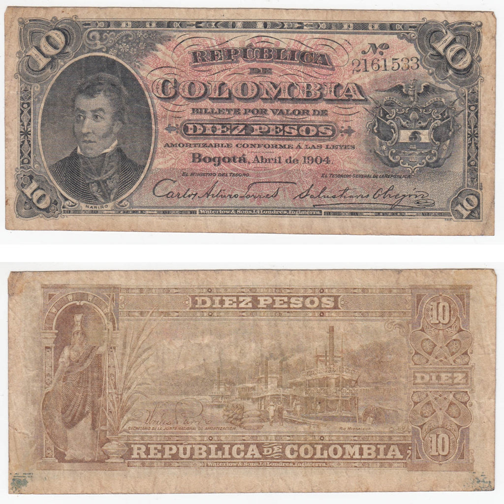 Colombia Note 1904 10 Pesos, F-VF