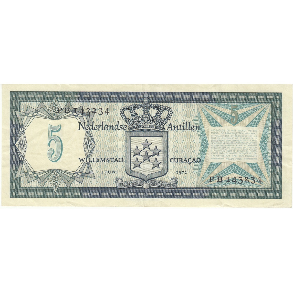 Antilles Note 1972 5 Gulden, VF-EF