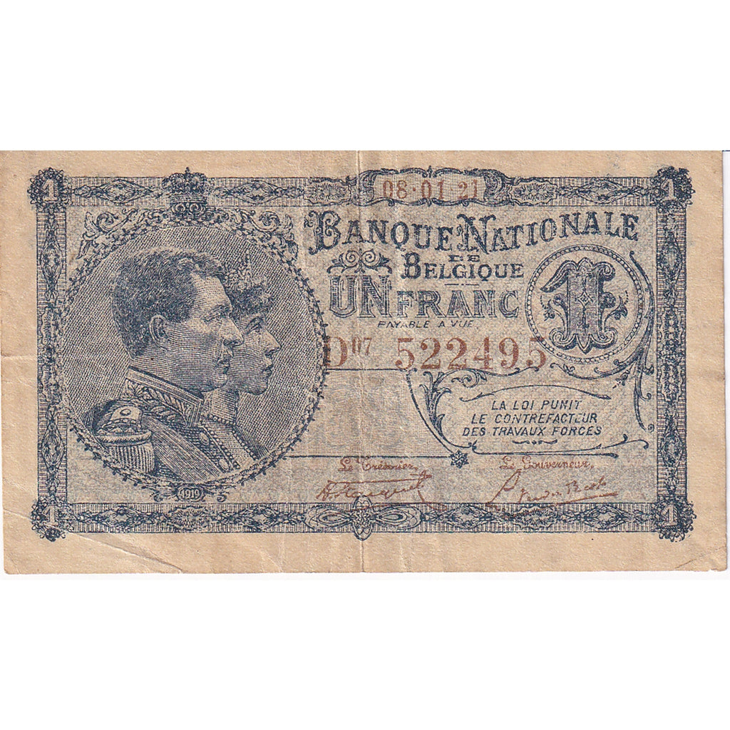 Belgium Note 1921 1 Franc, VF-EF