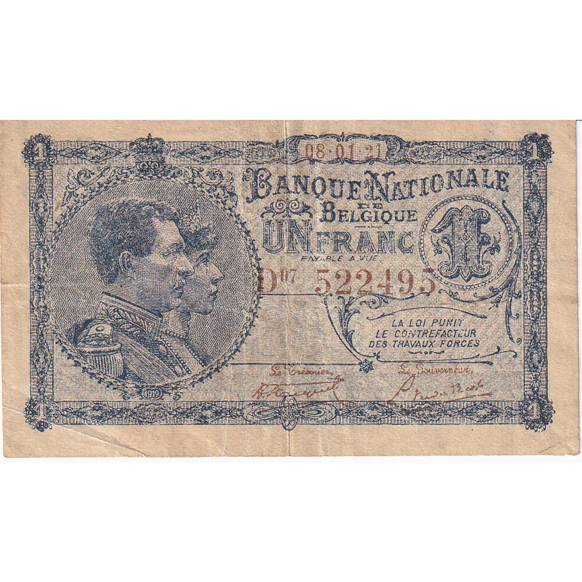 Belgium Note 1921 1 Franc, VF-EF
