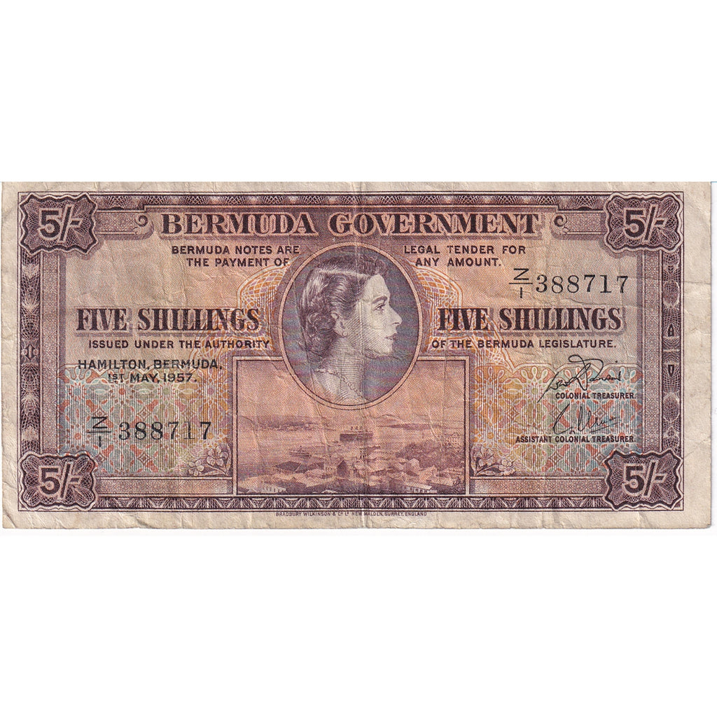 Bermuda Note 1957 5 Shilling Note, Pick #18b, F