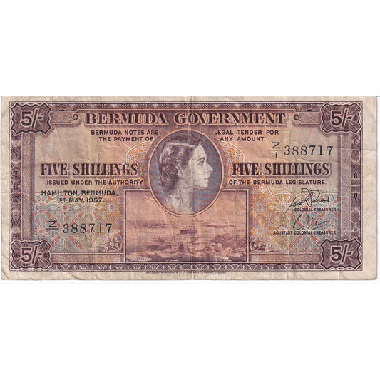 Bermuda Note 1957 5 Shilling Note, Pick #18b, F