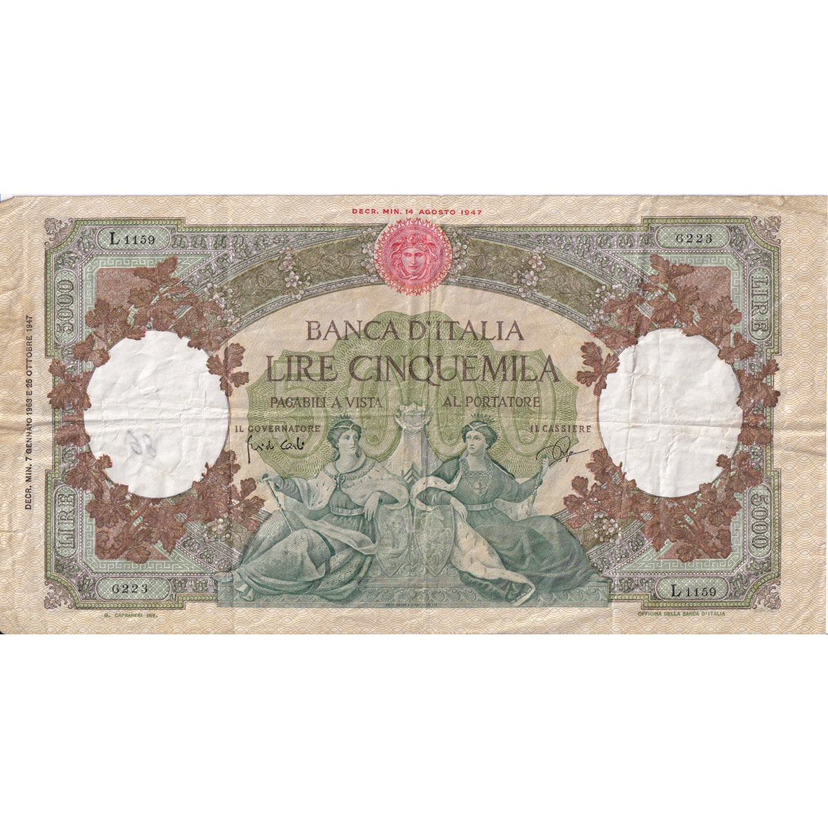 Italy Note 1963 5000 Lire, VF