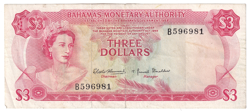 Bahamas 1968 3 Dollar Note, Pick #28a, VF (tear)