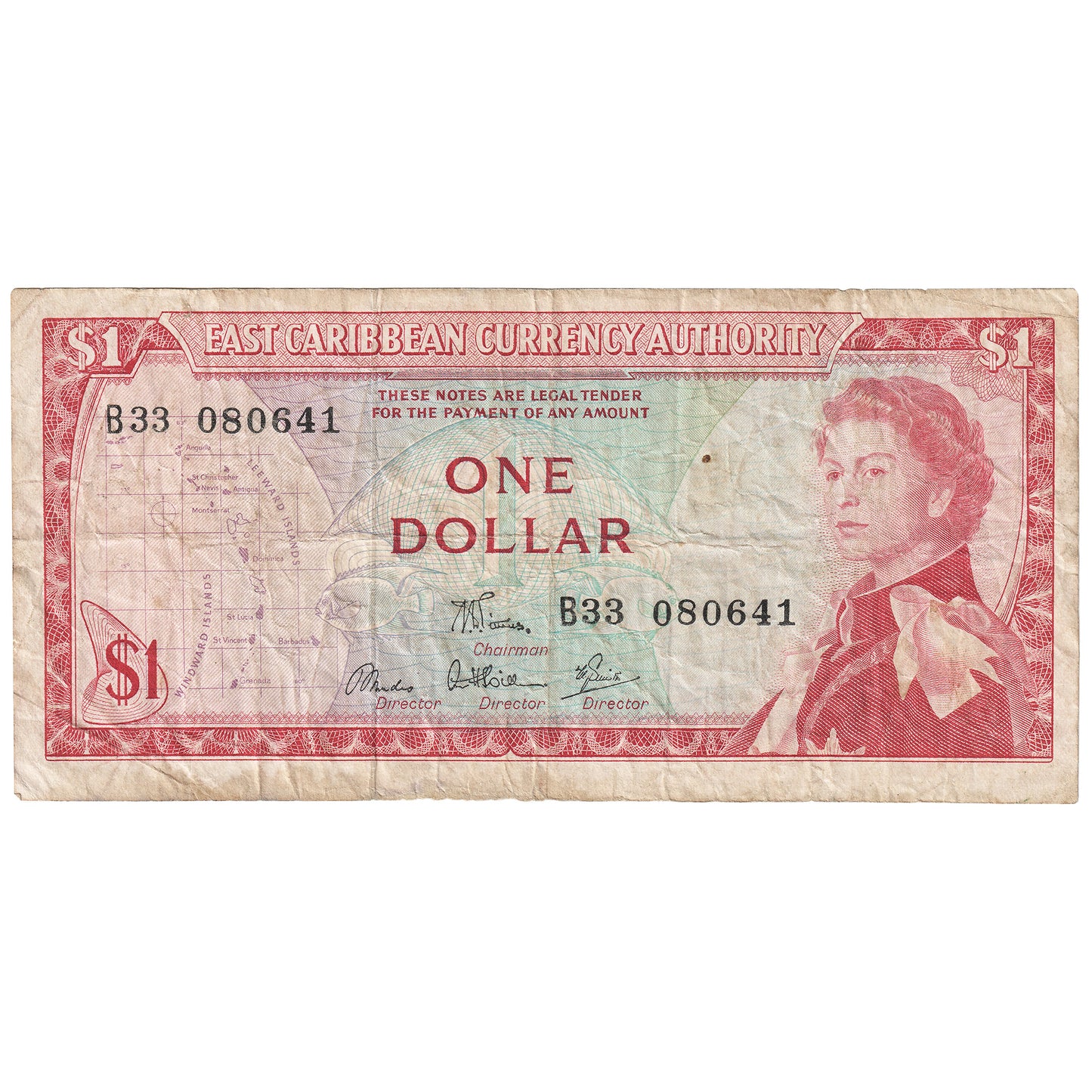East Caribbean States 1965 1 Dollar Note, Pick #13d, Signature 6, VF