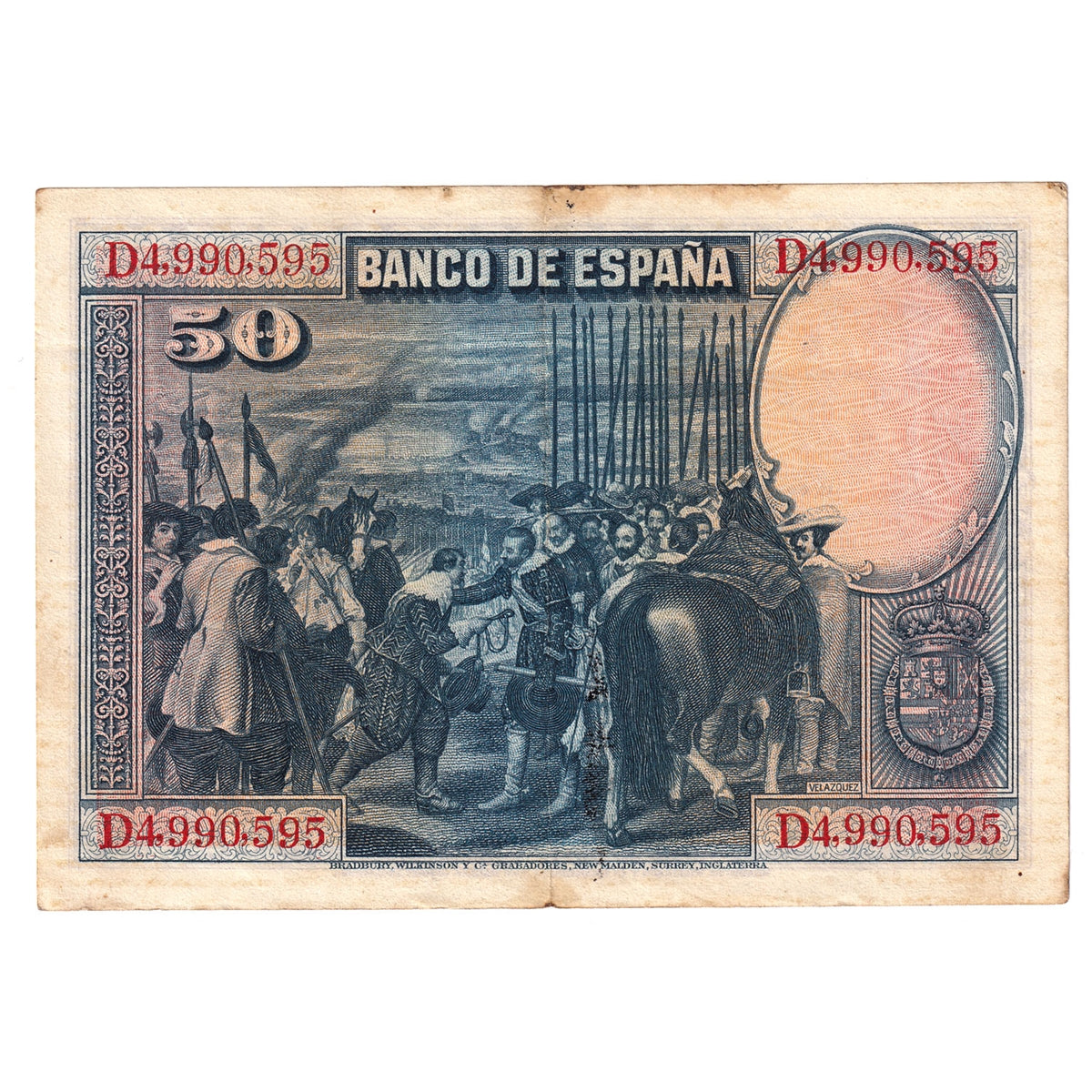 Spain 1928 50 Pesetas Note, Pick #75b, EF