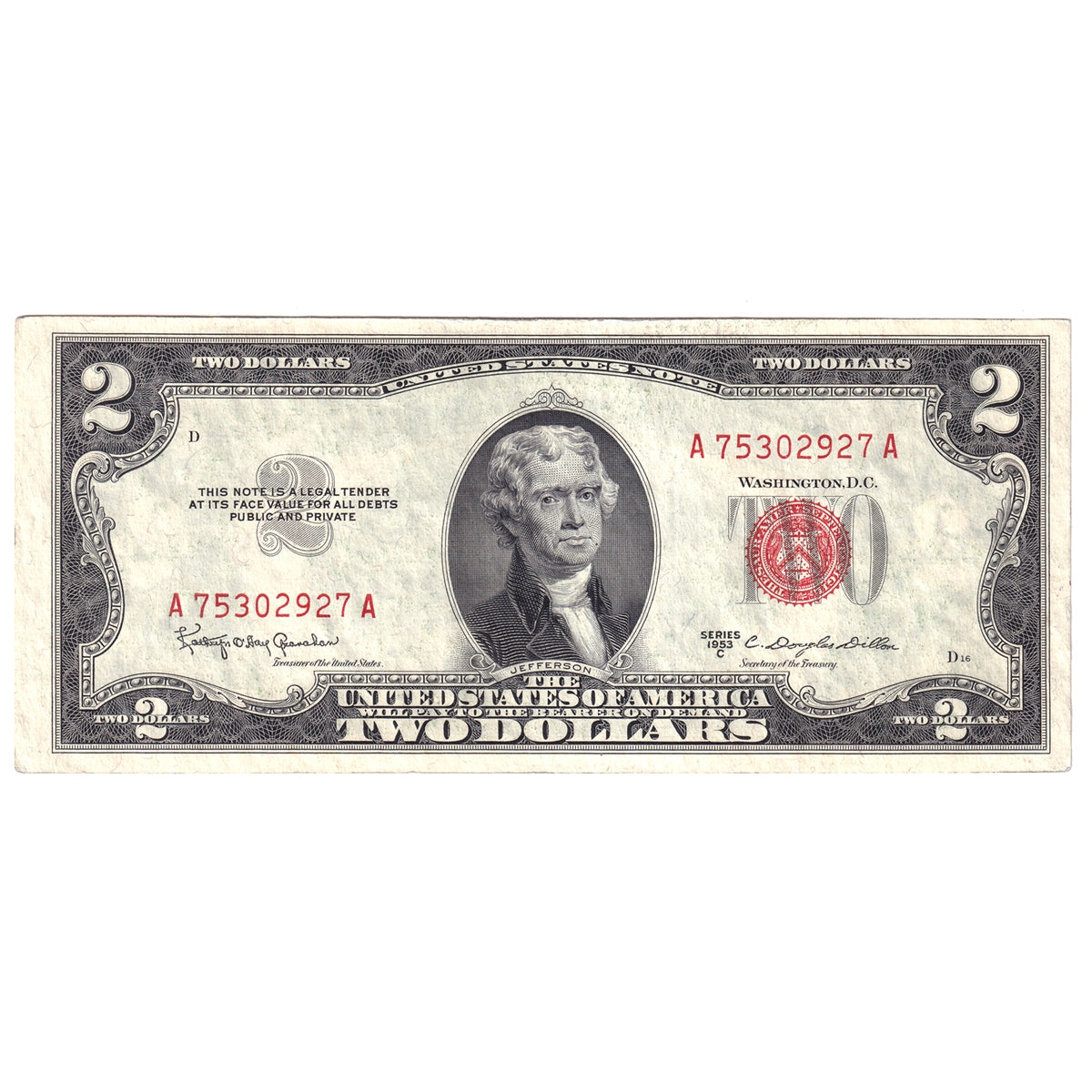 USA 1953C $2 Note, FR #1512, Granahan-Dillon, AU-UNC
