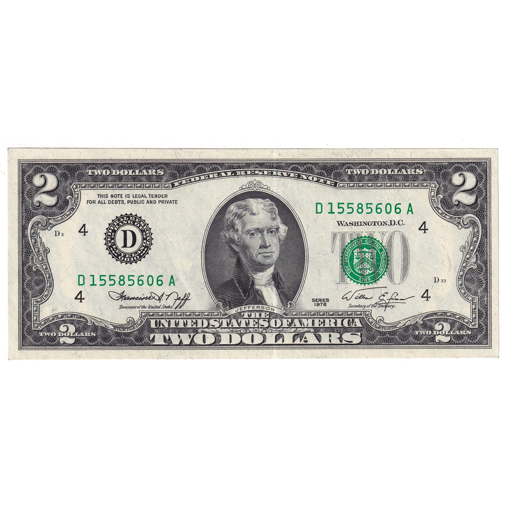 USA 1976 $2 Note, FR #1935D, Neff-Simon, Cleveland, AU-UNC