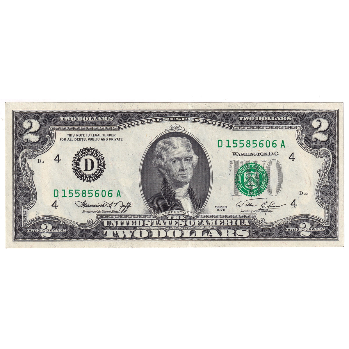 USA 1976 $2 Note, FR #1935D, Neff-Simon, Cleveland, AU-UNC
