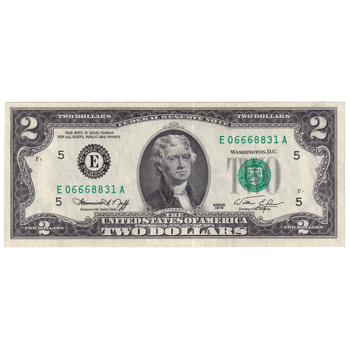 USA 1976 $2 Note, FR #1935E, Neff-Simon, Richmond, UNC