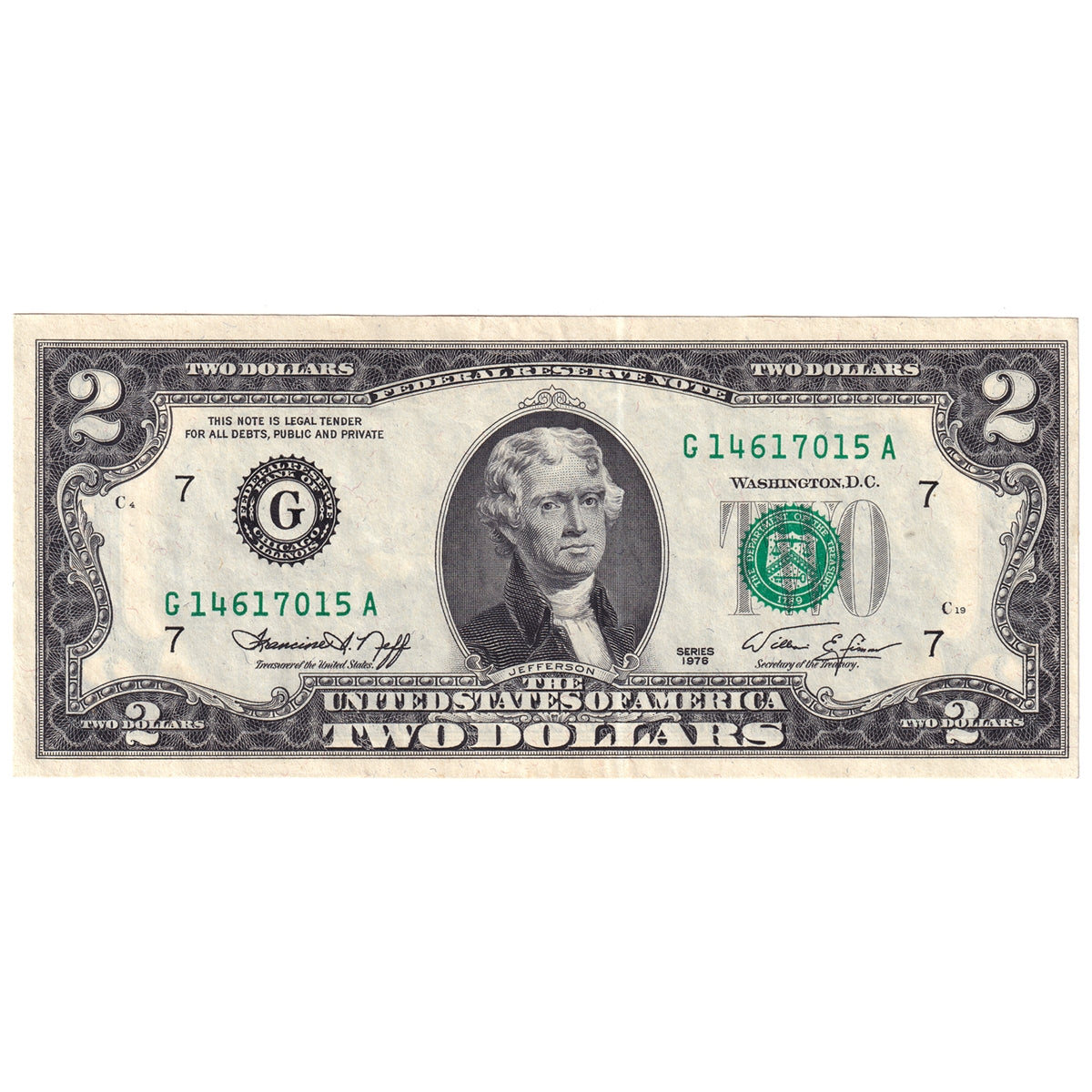USA 1976 $2 Note, FR #1935G, Neff-Simon, Chicago, AU-UNC