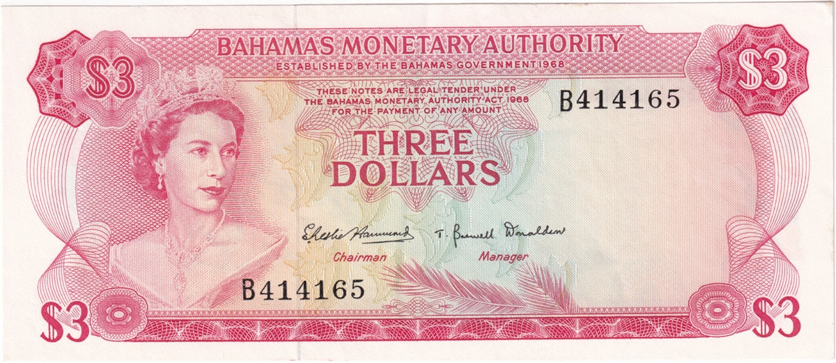 Bahamas 1968 3 Dollar Note, Pick #28a, AU