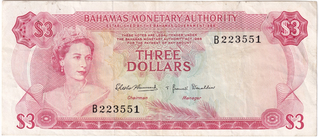 Bahamas 1968 3 Dollar Note, Pick #28a, VF