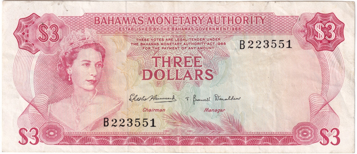 Bahamas 1968 3 Dollar Note, Pick #28a, VF