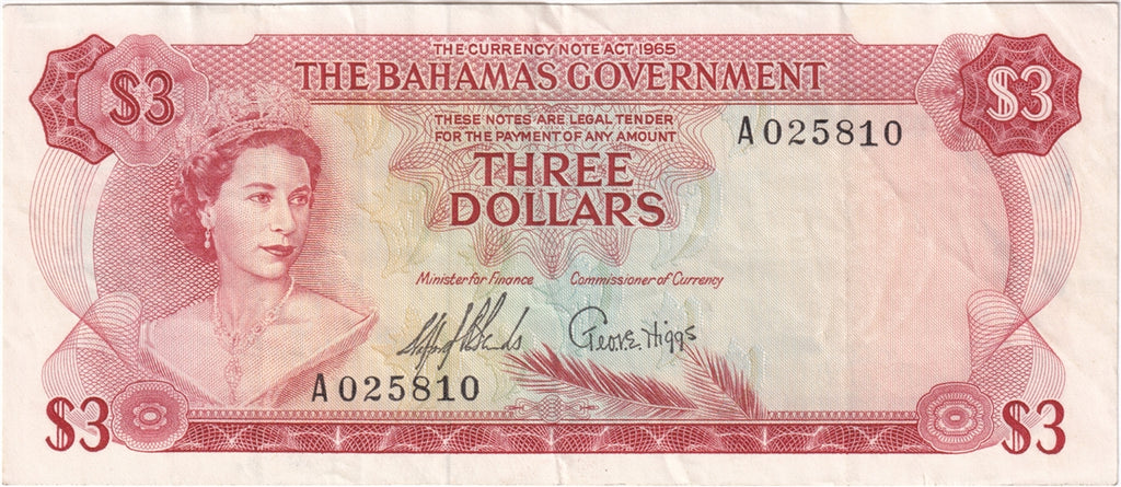 Bahamas 1965 3 Dollar Note, Pick #19a 2 Signatures, VF