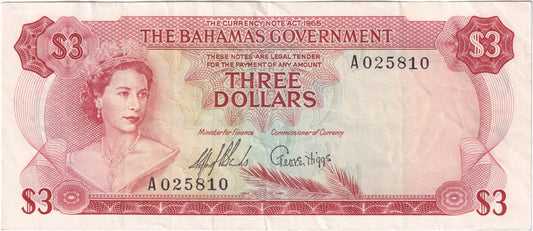 Bahamas 1965 3 Dollar Note, Pick #19a 2 Signatures, VF