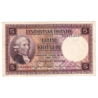 Iceland 1934-47 5 Kronur Note, Pick #27b, EF