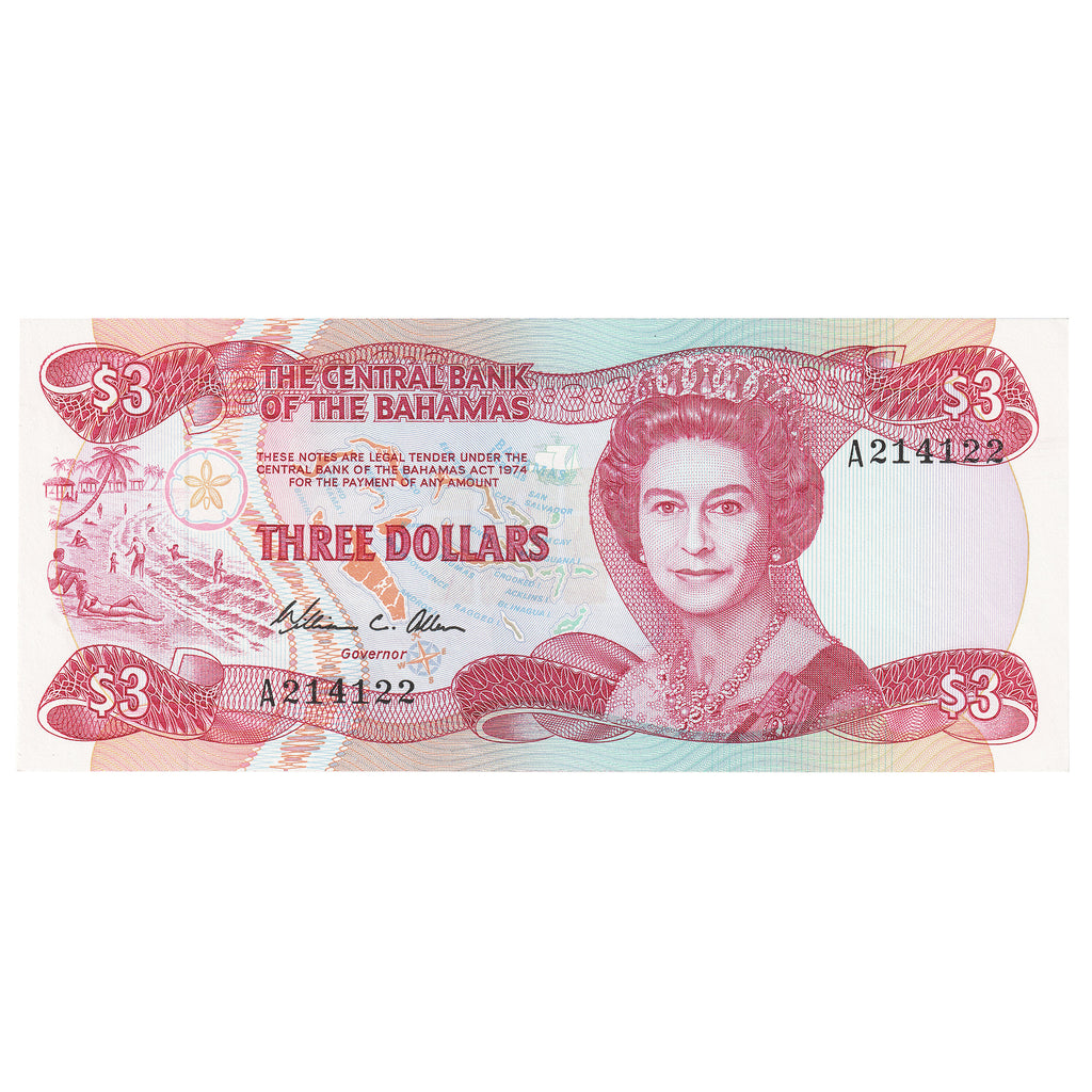 Bahamas 1984 3 Dollar Note, Pick #44a, UNC