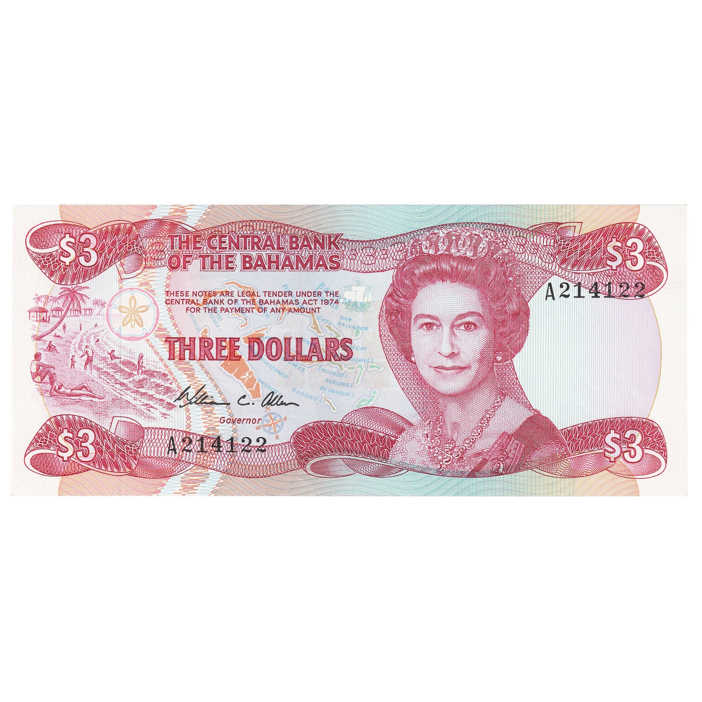 Bahamas 1984 3 Dollar Note, Pick #44a, UNC