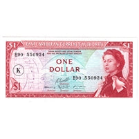 East Caribbean States 1965 1 Dollar Note, Pick #13k, K Overprint, UNC