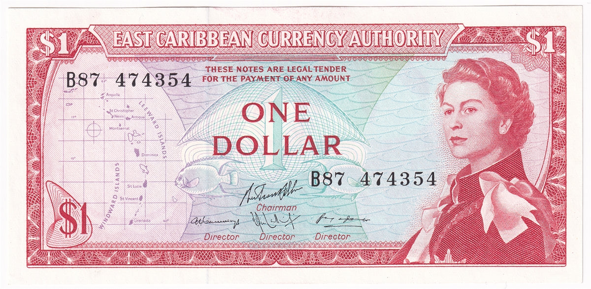 East Caribbean States 1965 1 Dollar Note, Pick #13g, Signature 10, UNC