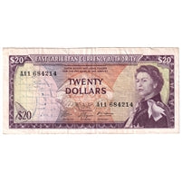 East Caribbean States 1965 20 Dollar Note, Pick #15g, Signature 9, VF