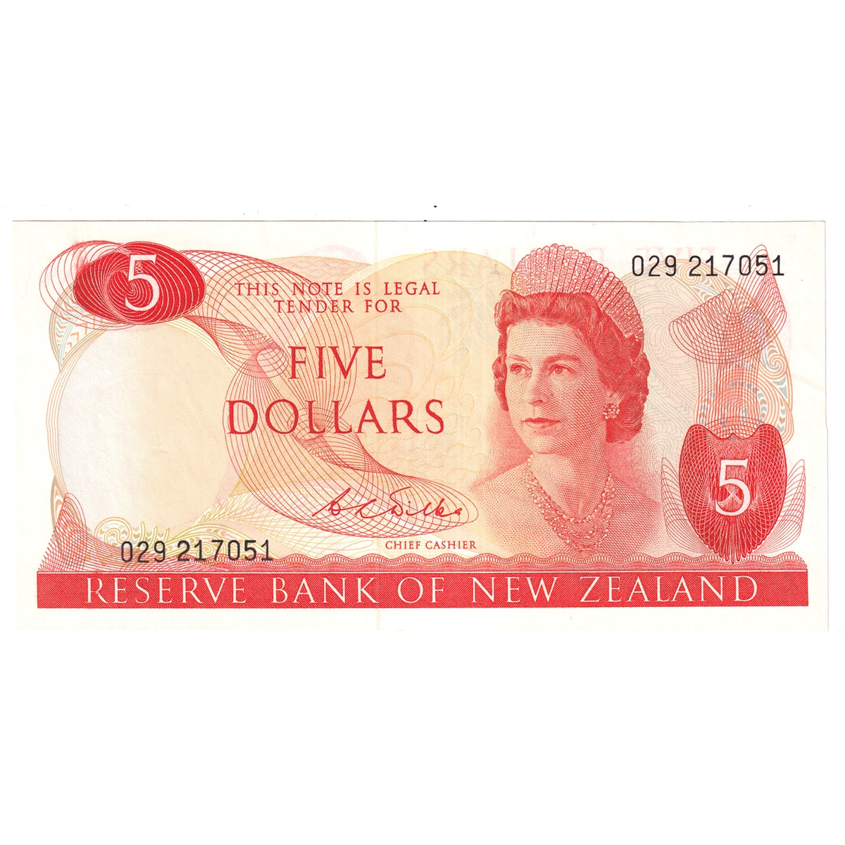 New Zealand 1968-75 5 Dollar Note, Pick #165b, AU-UNC