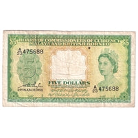 Malaya & British Borneo 1953 5 Dollar Note, Pick #2a F