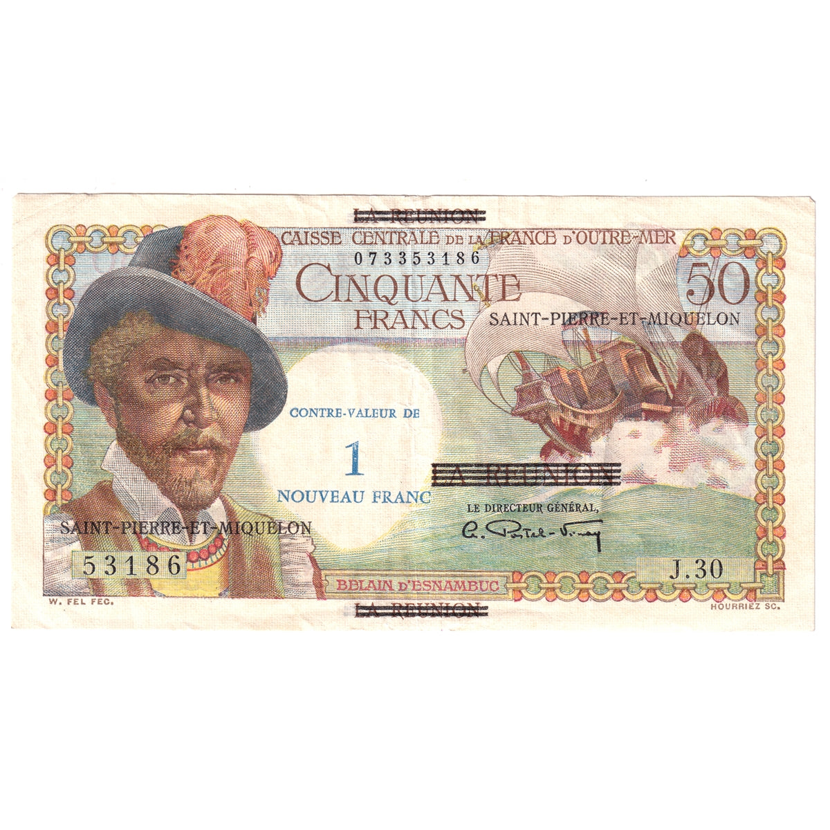 St. Pierre et Miquelon 1960 1 Nouveau Franc Note, Pick #30b, VF-EF