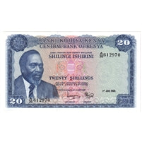 Kenya 1969 20 Shilling Note, Pick #8a, AU-UNC