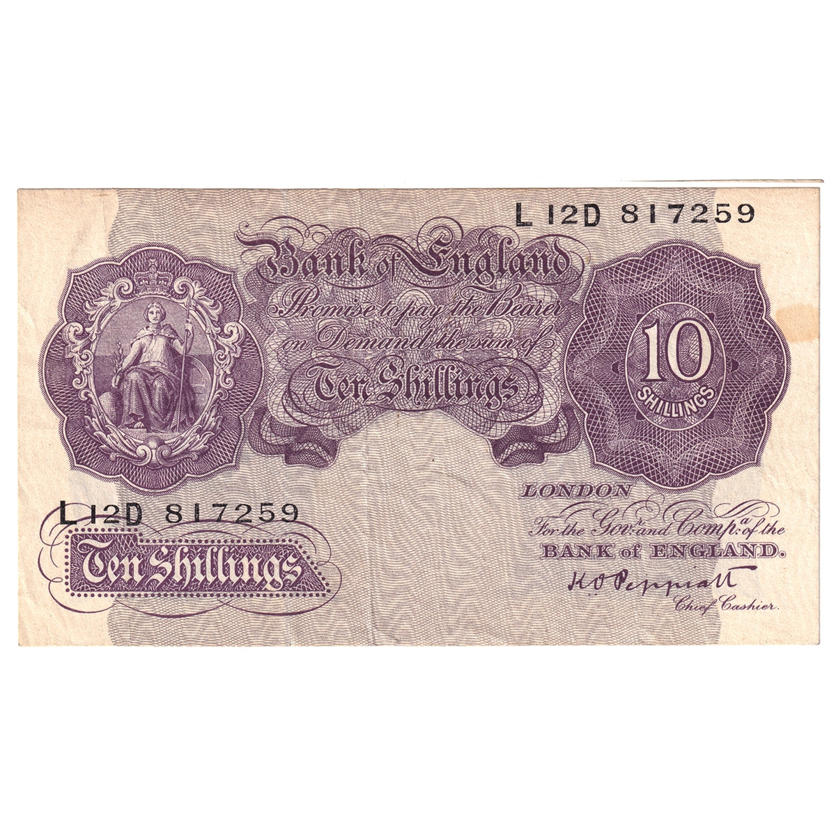 Great Britain 1940 10 Shilling Note, BE24c, Very Fine (stain)