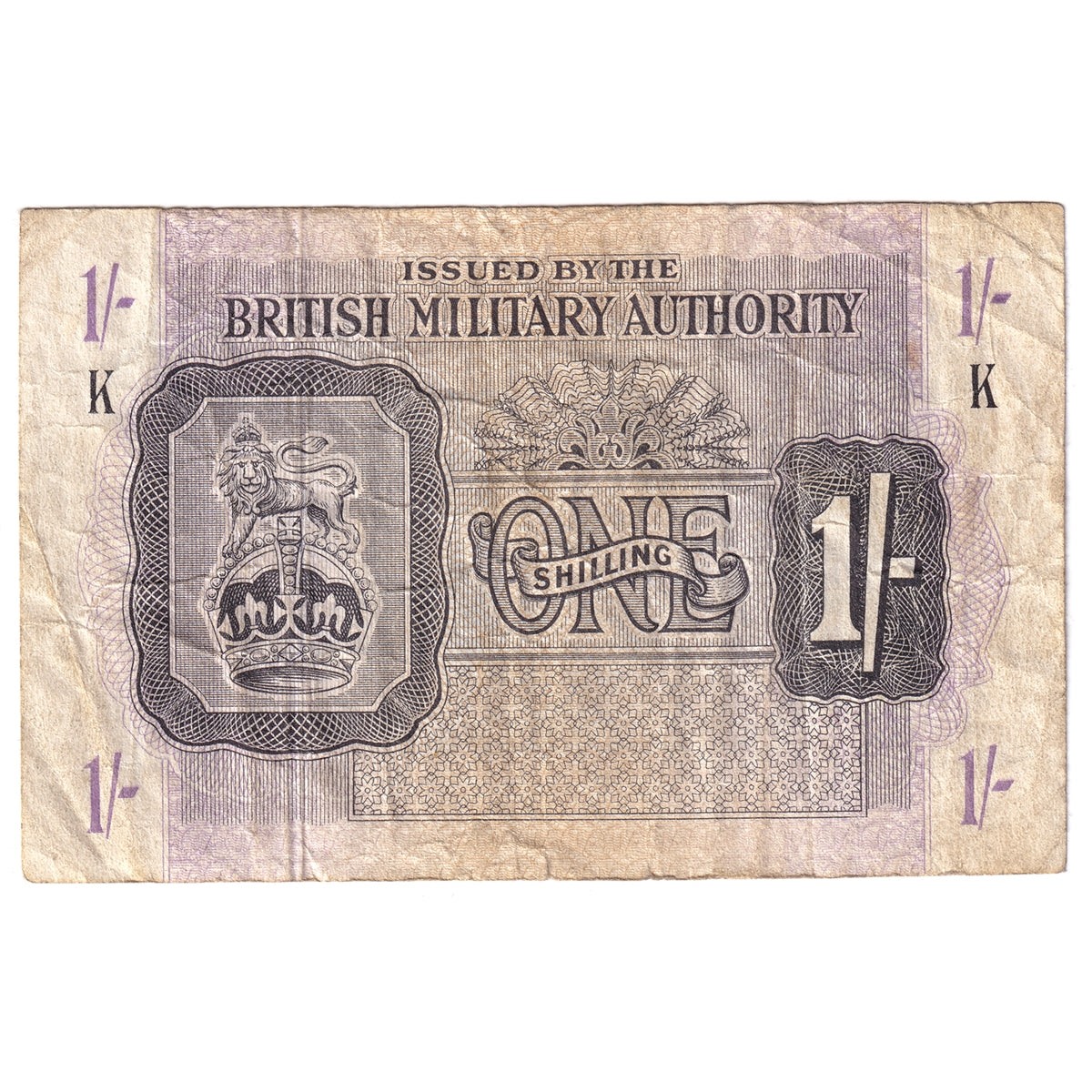 Great Britain 1943 1 Shilling Note, Pick #M2, F-VF (tear)